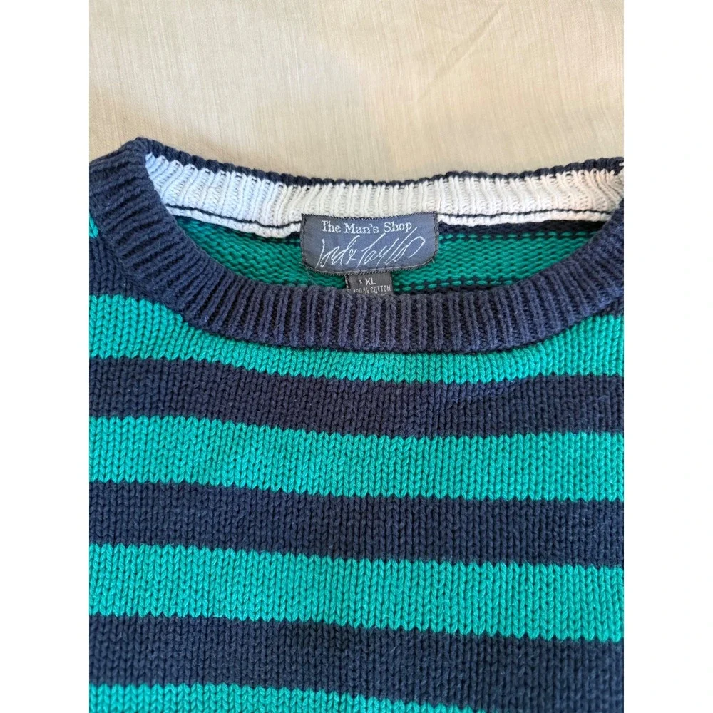 Vintage Lord & Taylor Men's XL‎ Striped Cotton Sweater Teal Navy 90s Crewneck